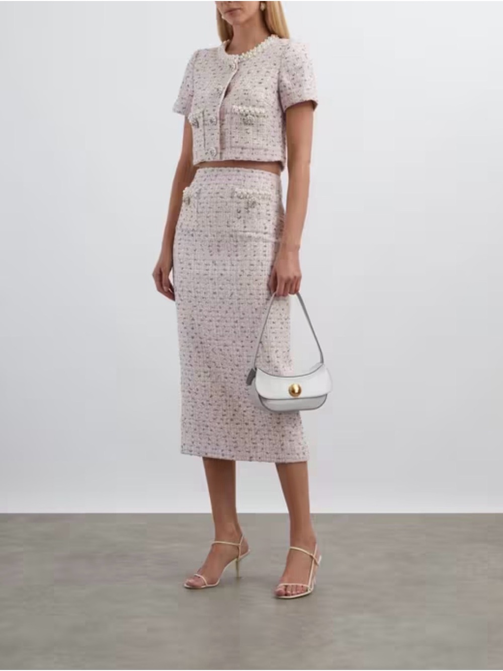 NWT Self-Portrait Pink Boucle Tweed Skirt and Top Set. Size 4/S